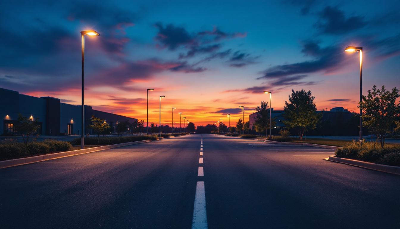 A photograph of a well-lit parking lot at dusk