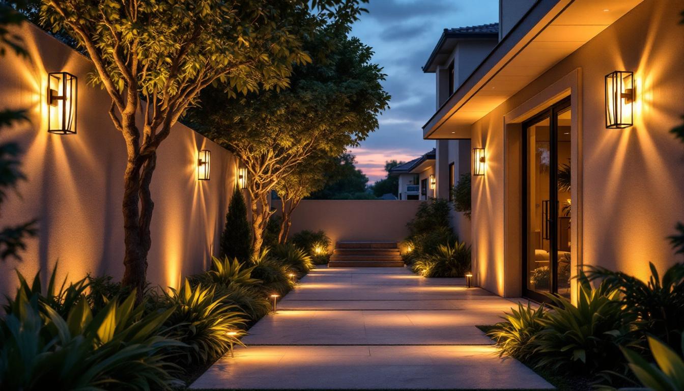 A photograph of a beautifully illuminated outdoor space featuring a variety of contemporary lighting fixtures