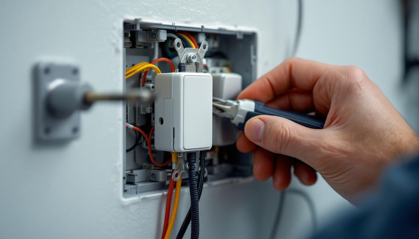 A photograph of a close-up of a light switch box extension being installed by an electrical engineer