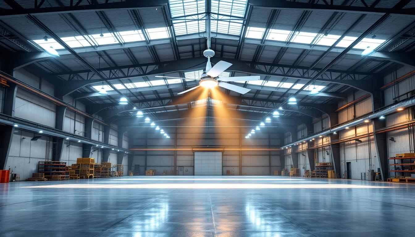 A photograph of a large warehouse interior showcasing both the expansive space and the installed lighting solutions