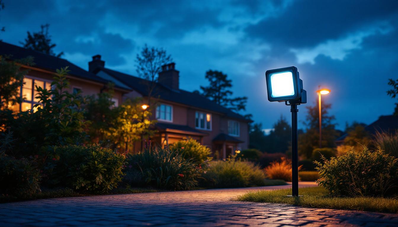 A photograph of a vibrant outdoor scene illuminated by a satco floodlight at dusk