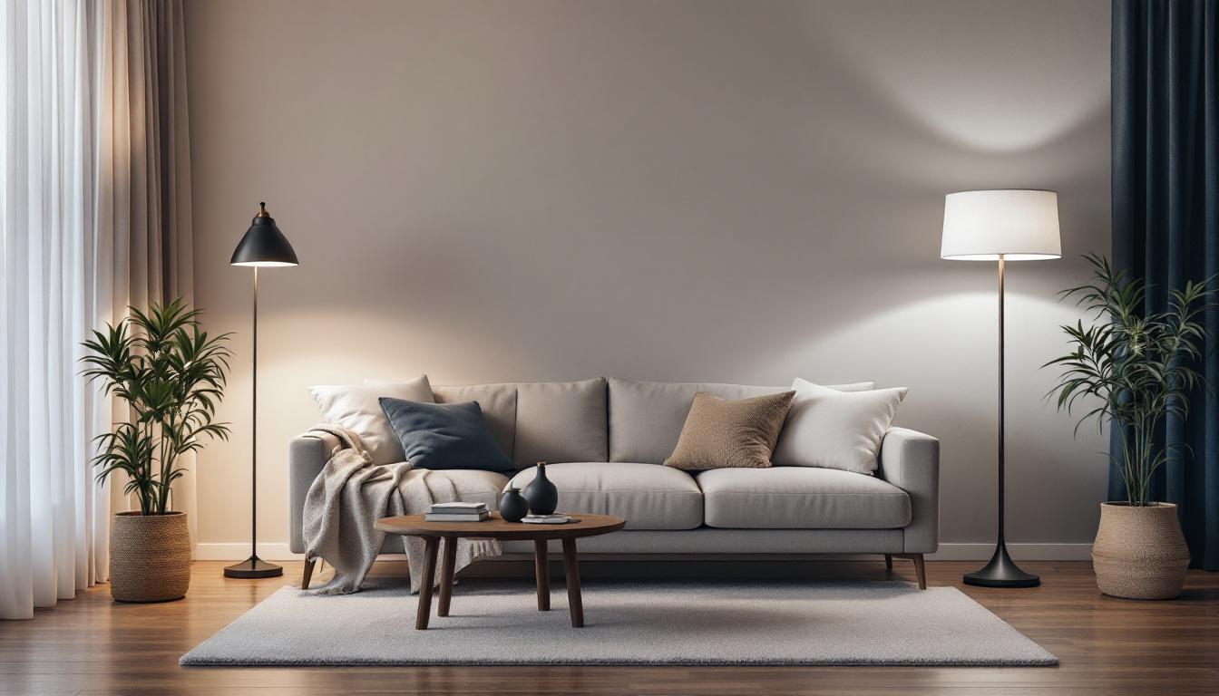A photograph of a stylishly arranged living room featuring various types of floor lamps in different styles and settings