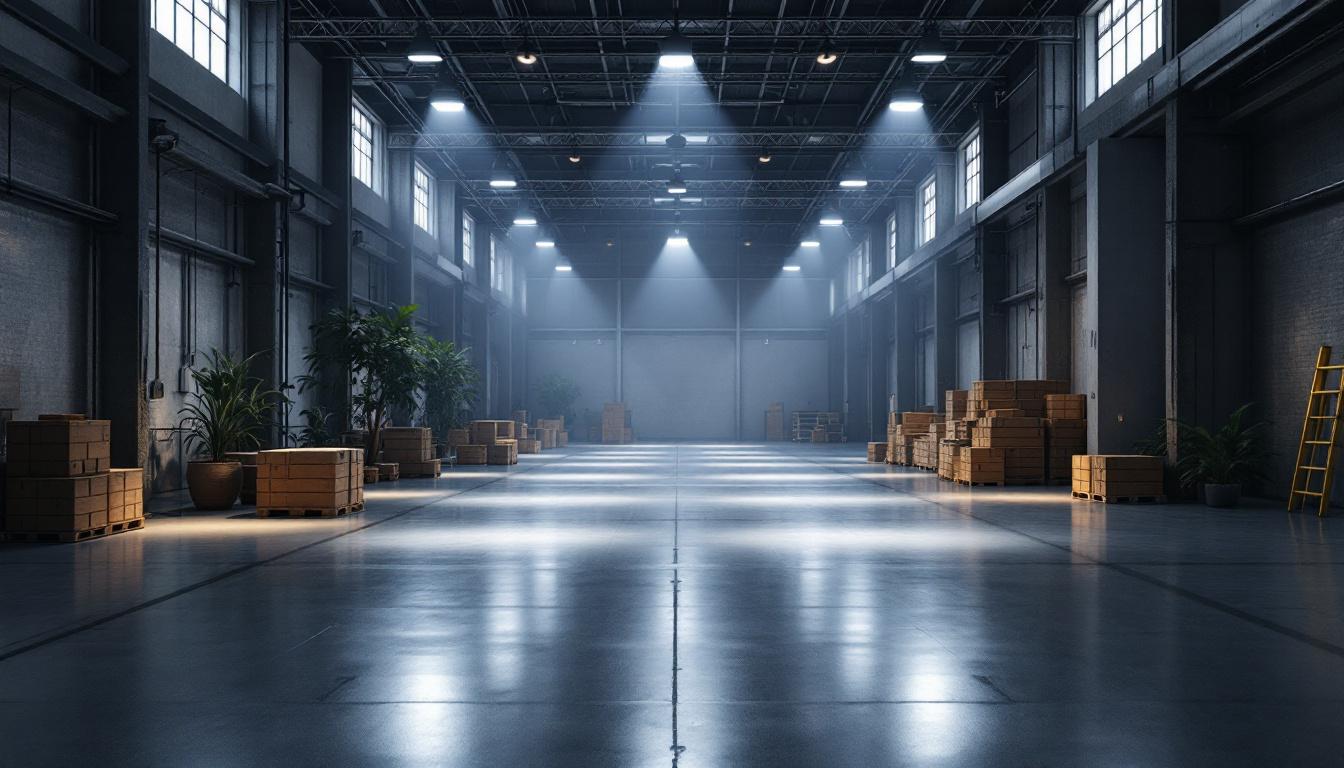 A photograph of a well-lit warehouse interior showcasing various lighting setups