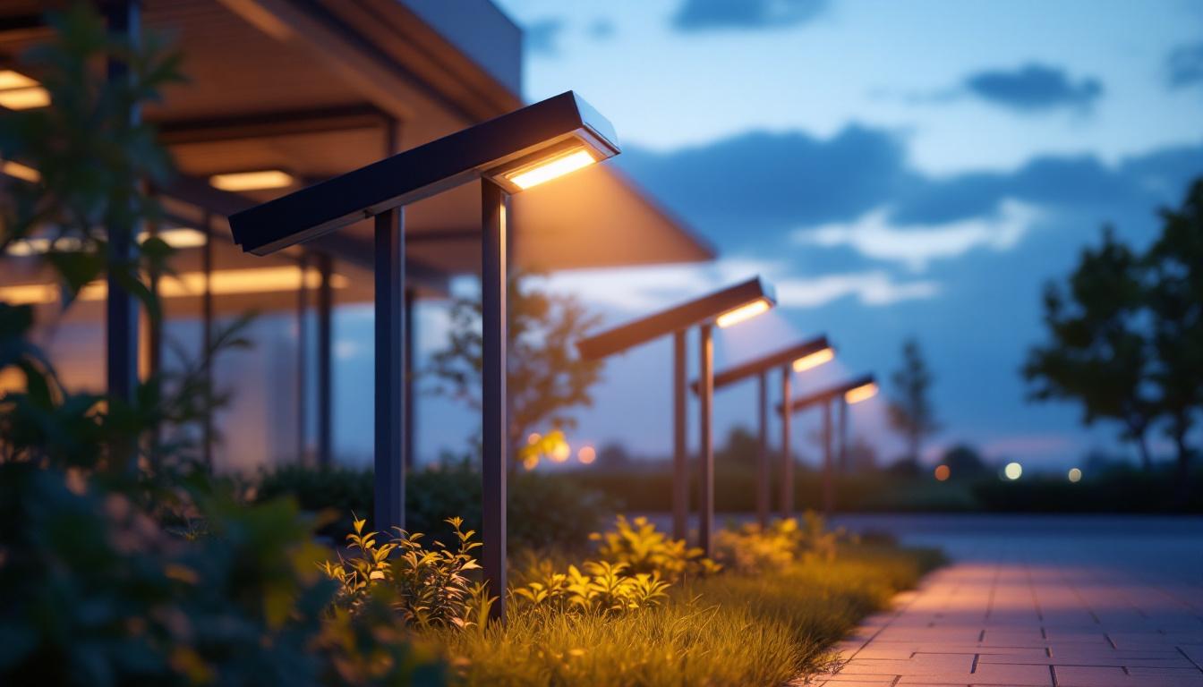 A photograph of a modern solar-powered lighting installation in an outdoor setting