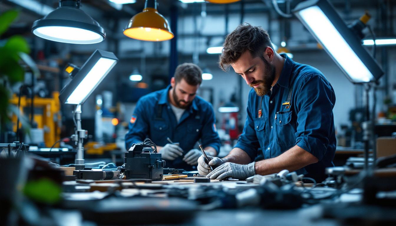 A photograph of a brightly lit workshop or industrial space showcasing various high-quality shop lights in use