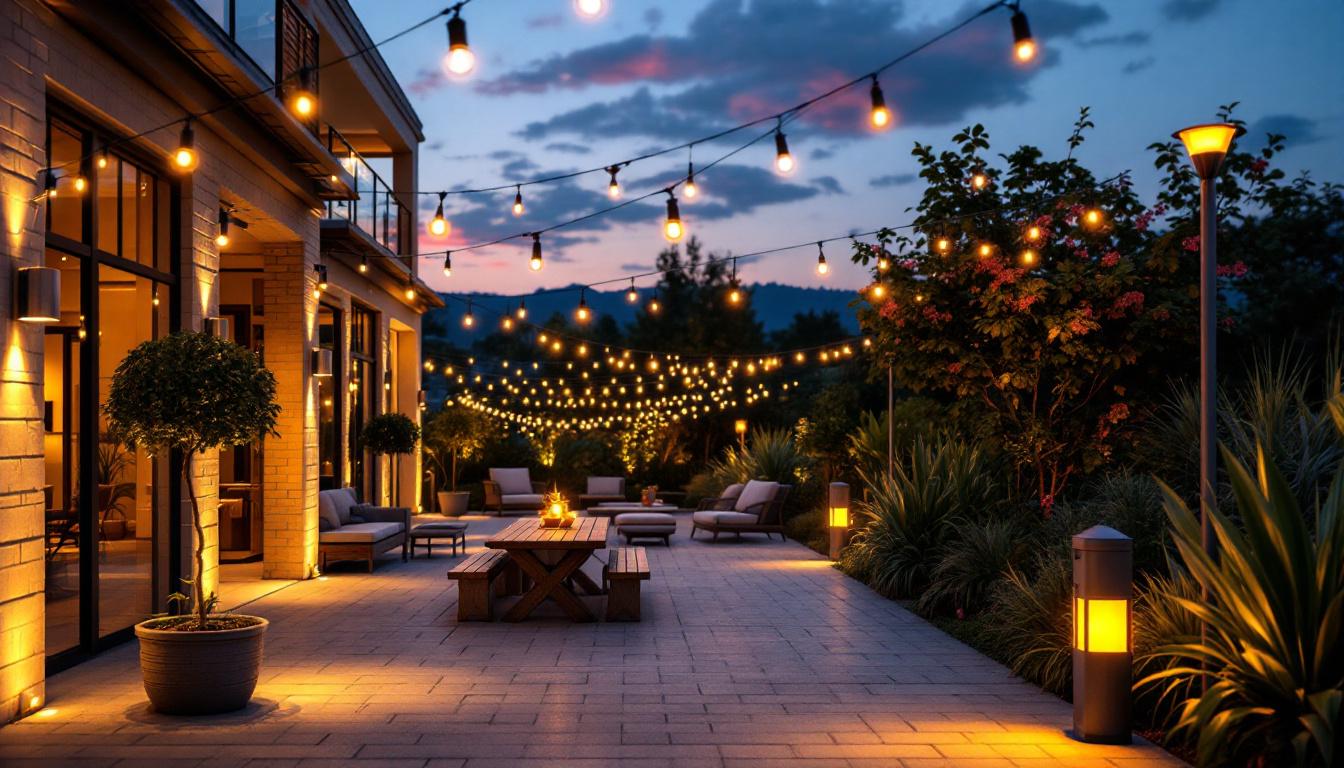 A photograph of a beautifully illuminated outdoor space featuring various types of exterior lights