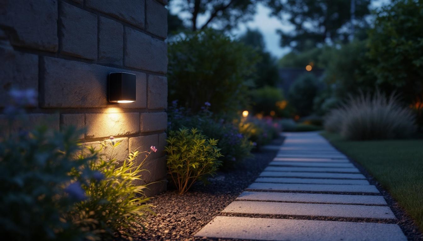 A photograph of a sleek outdoor plug-in motion light installed in a garden or pathway setting