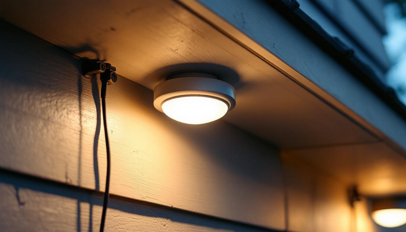 A photograph of a well-lit exterior flush mount light fixture installed on a house