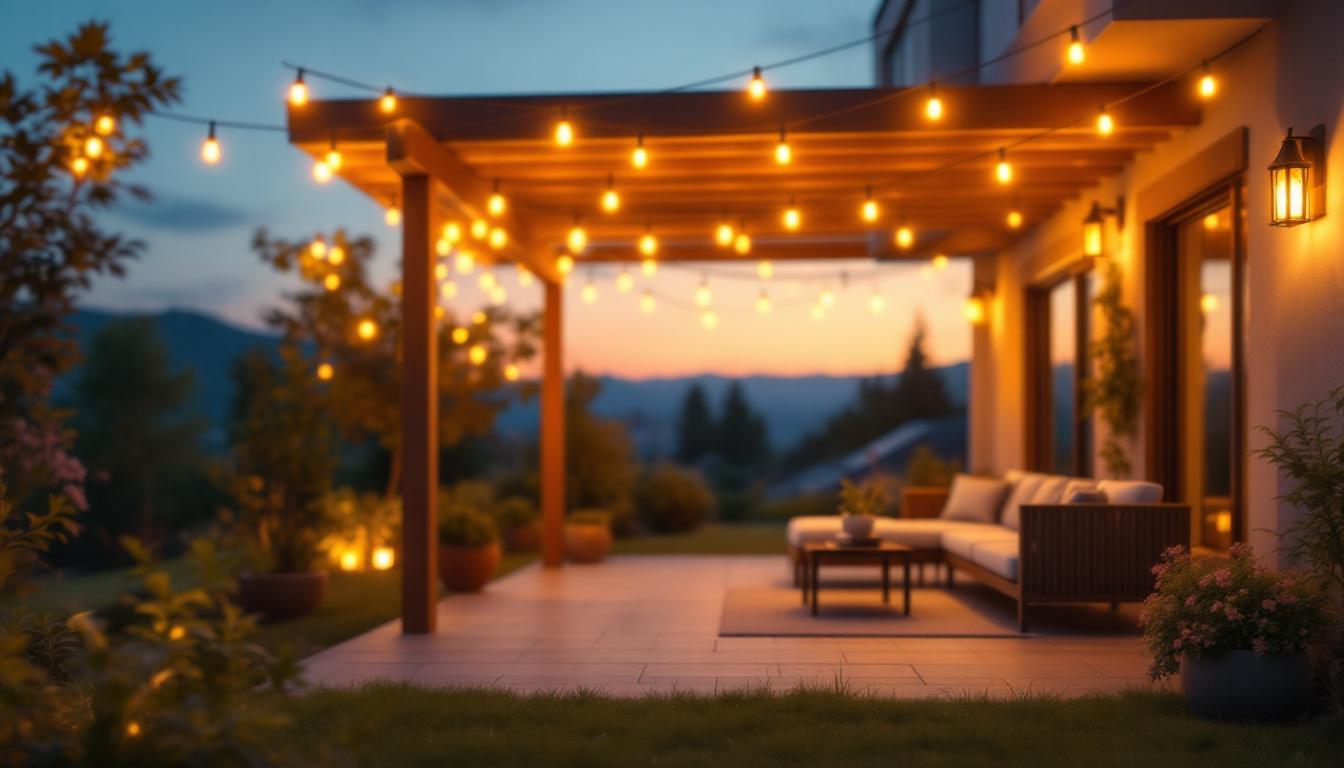 A photograph of a beautifully lit outdoor patio adorned with solar led lights at dusk
