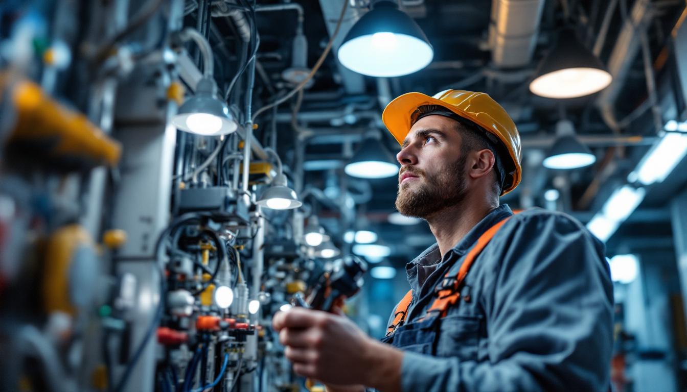 A photograph of a technician examining a complex electrical lighting system