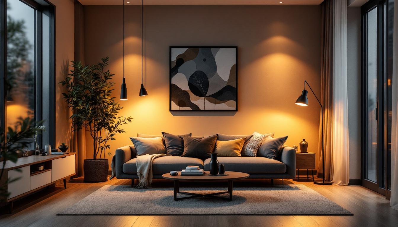 A photograph of a beautifully designed living space featuring a variety of lighting options