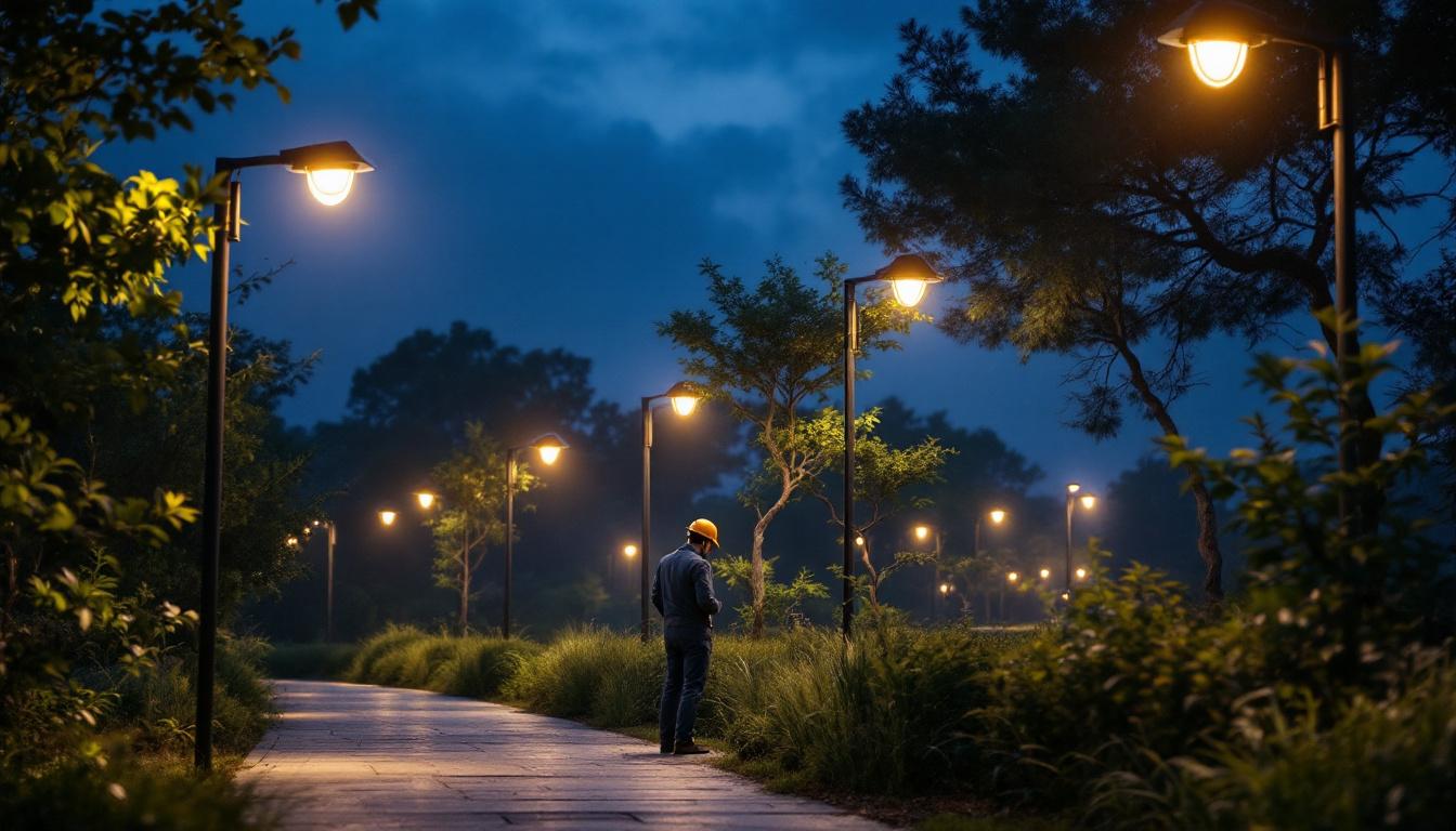 A photograph of a well-lit outdoor scene featuring a row of stylish lamp post solar lights illuminating a pathway