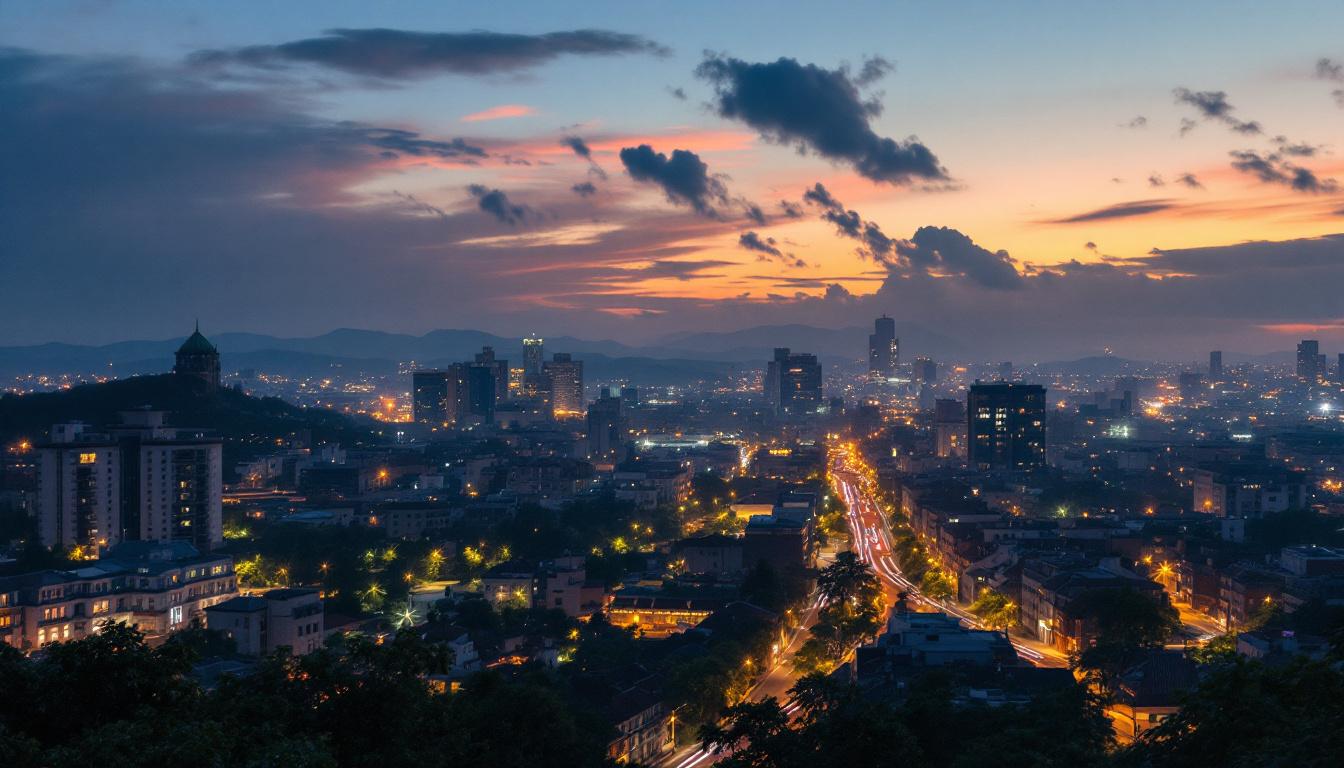 A photograph of a beautifully lit urban landscape transitioning from dusk to dawn