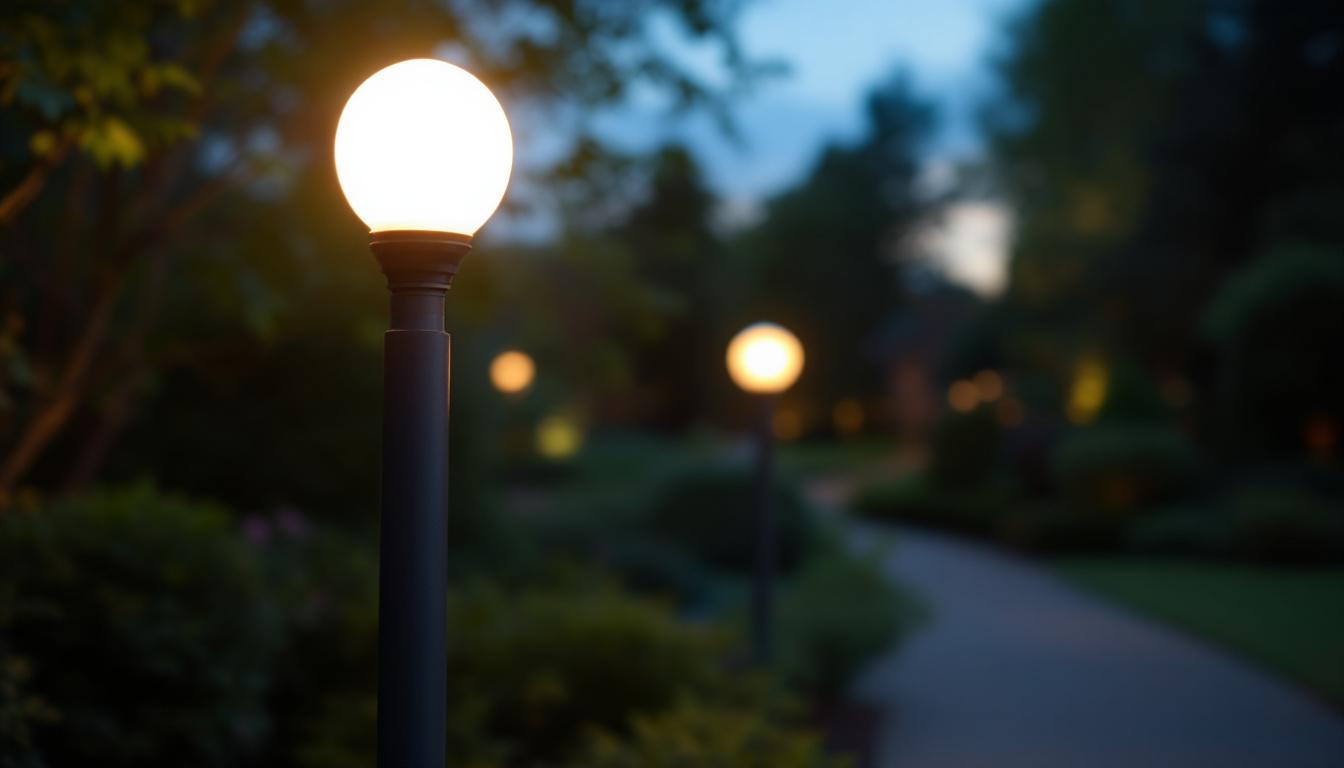 A photograph of a beautifully lit outdoor lamp post featuring an energy-efficient replacement globe