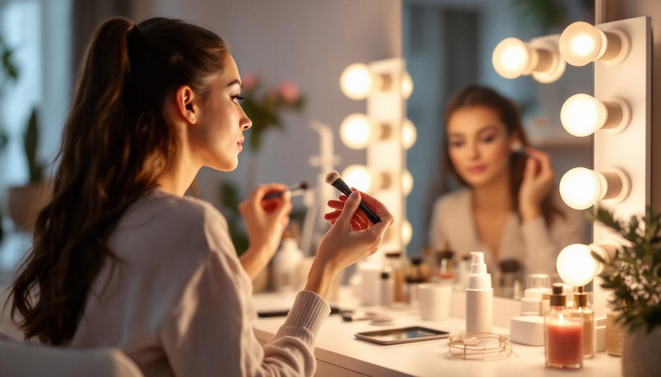 A photograph of a well-lit vanity setup featuring a model applying makeup
