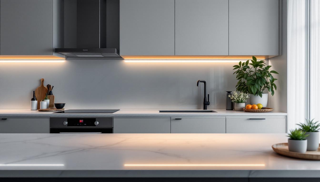A photograph of a stylish kitchen showcasing sleek undercabinet lighting illuminating countertops