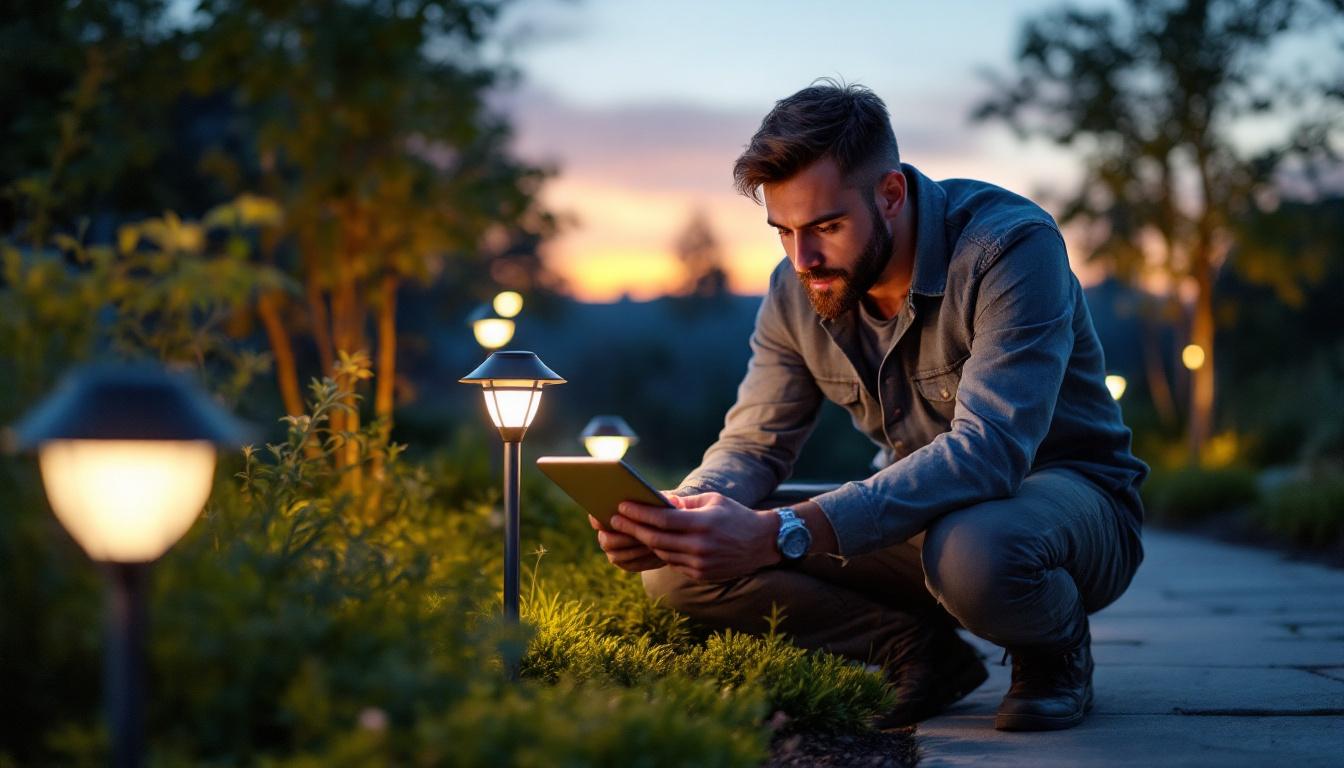 A photograph of a lighting engineer analyzing the placement and effectiveness of small solar led lights in a landscaped outdoor setting