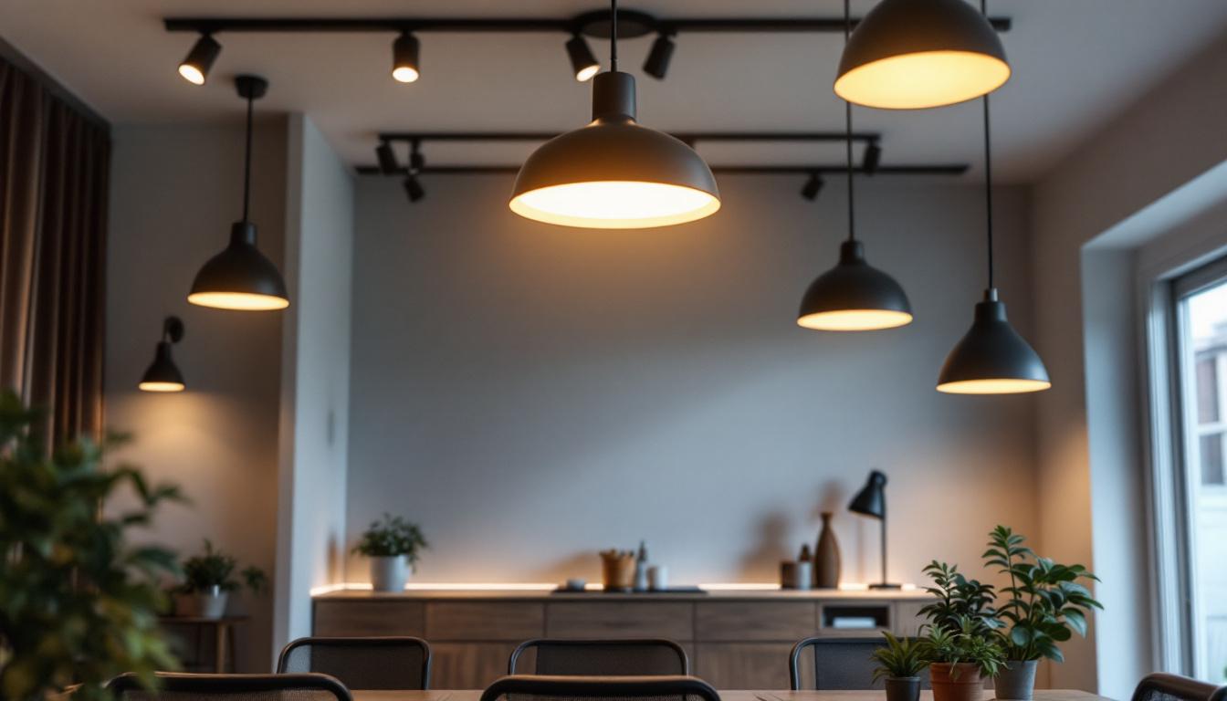 A photograph of a well-lit interior space showcasing various lighting fixtures