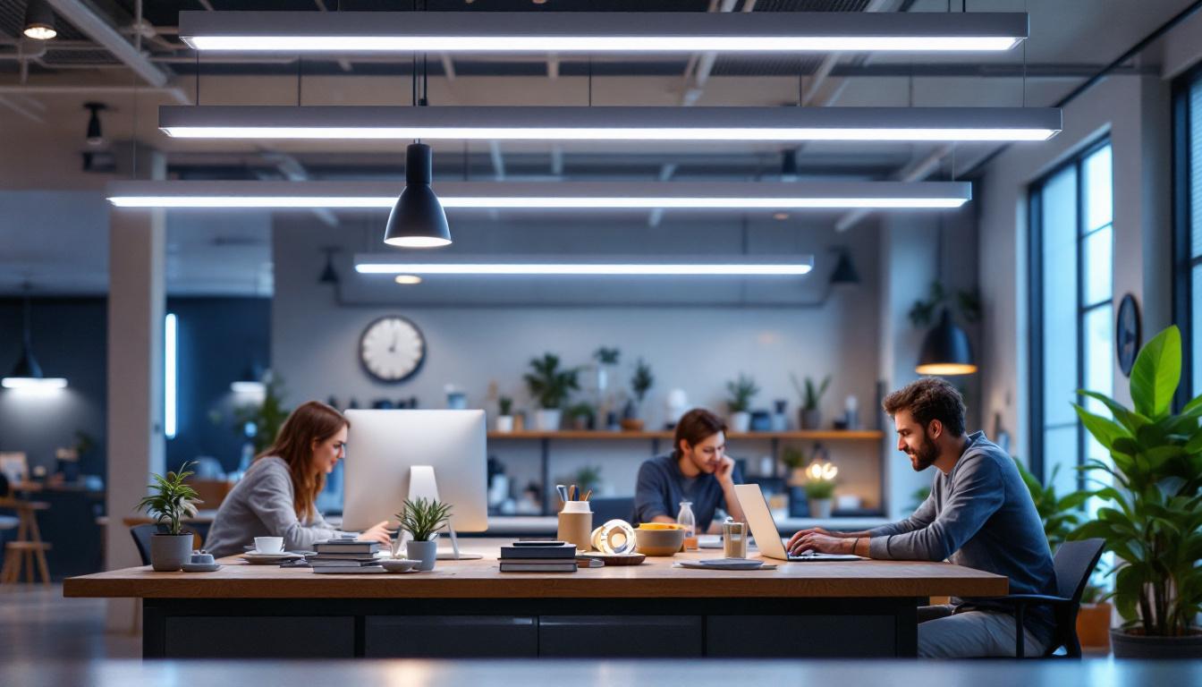 A photograph of a modern workspace or retail environment illuminated by sleek