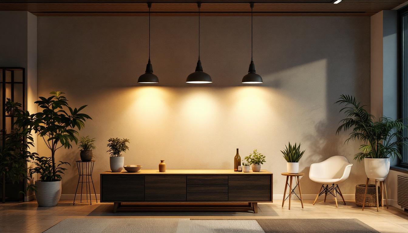 A photograph of a well-lit interior space showcasing various lighting fixtures in use