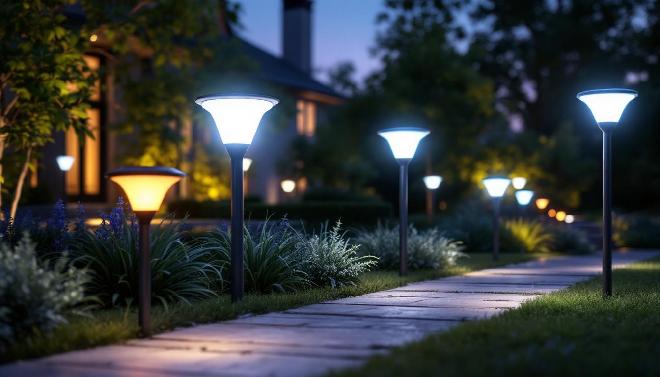 A photograph of a beautifully illuminated outdoor space featuring various styles of led solar lights in use