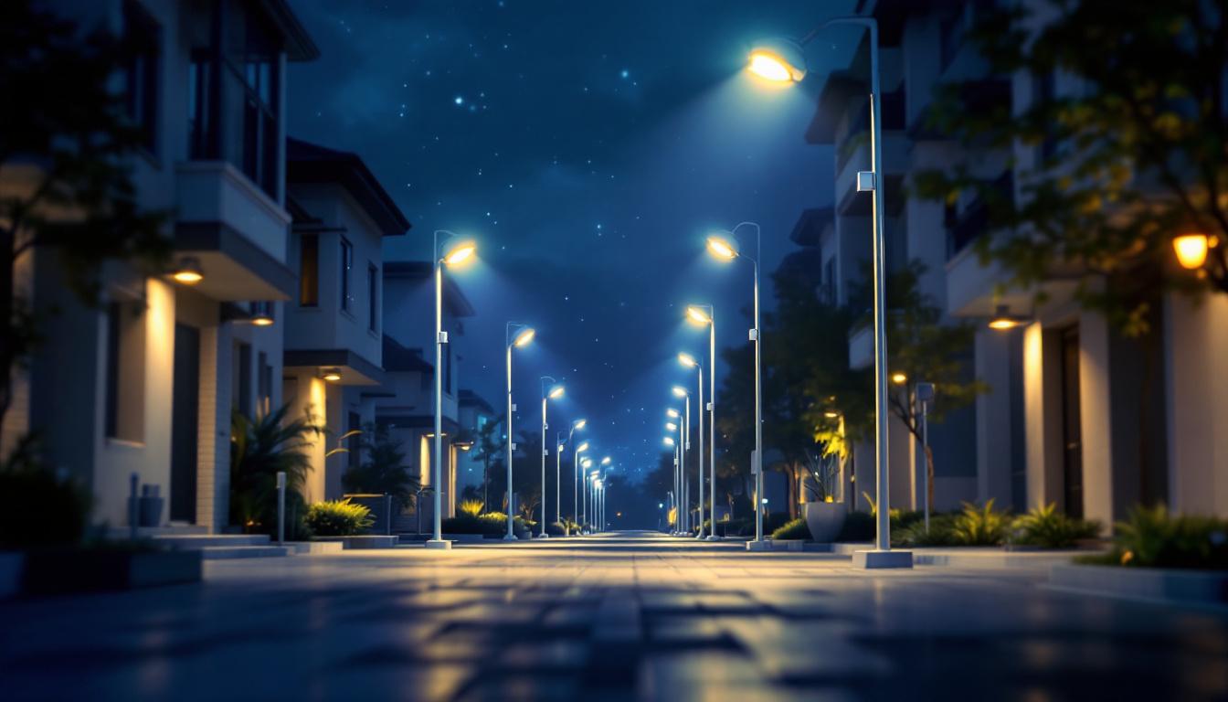 A photograph of a well-lit outdoor area showcasing various led security lights in a large-scale installation