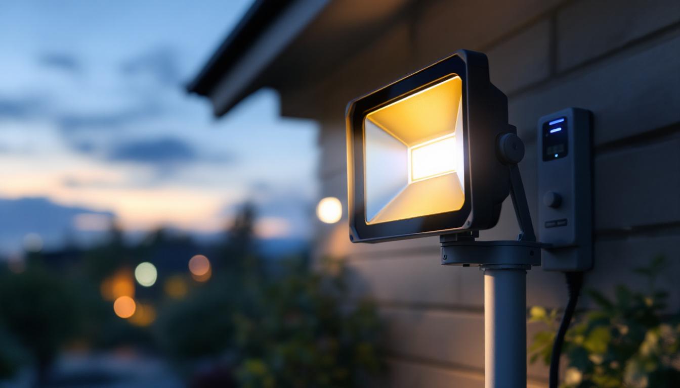 A photograph of a high-power solar flood light installed in an outdoor setting