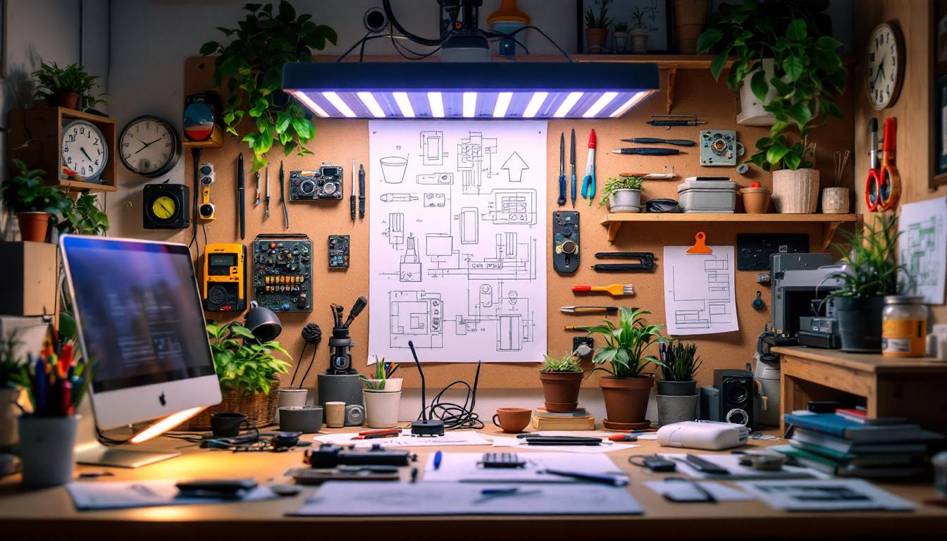 A photograph of a well-organized workspace featuring a variety of second-hand grow lights