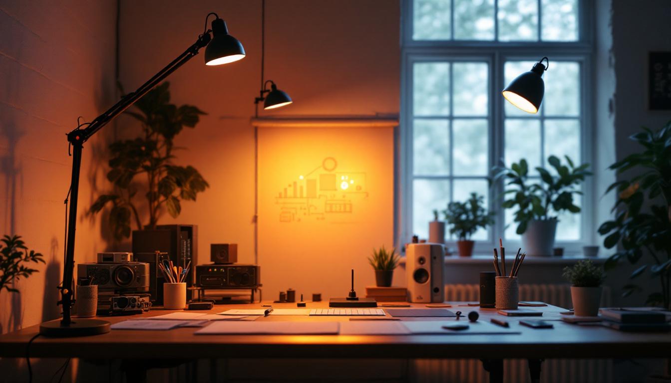 A photograph of a modern lighting design setup in an engineering workspace