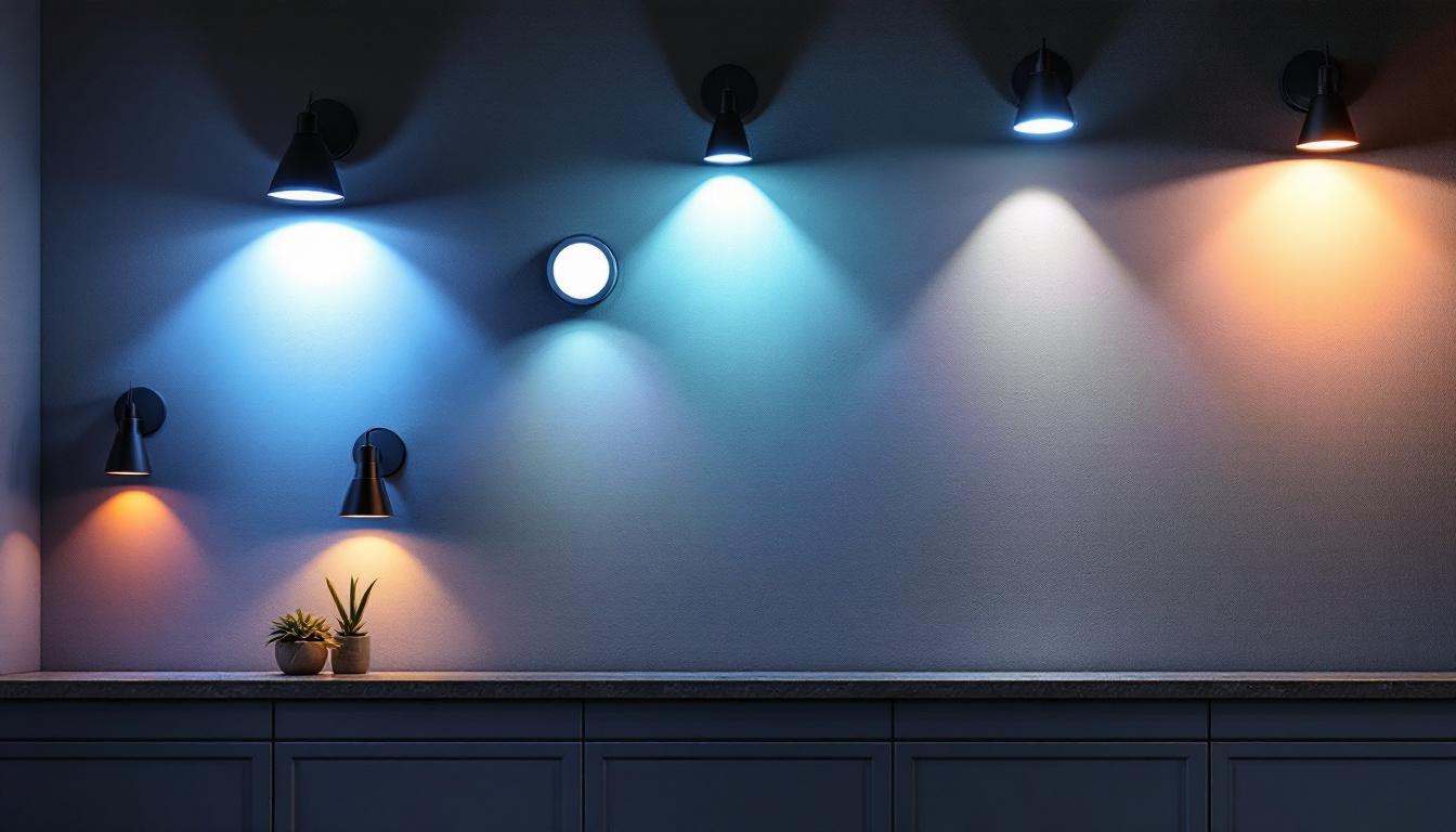 A photograph of a stylishly designed wall with various wall-mounted led lights showcasing their unique features and effects