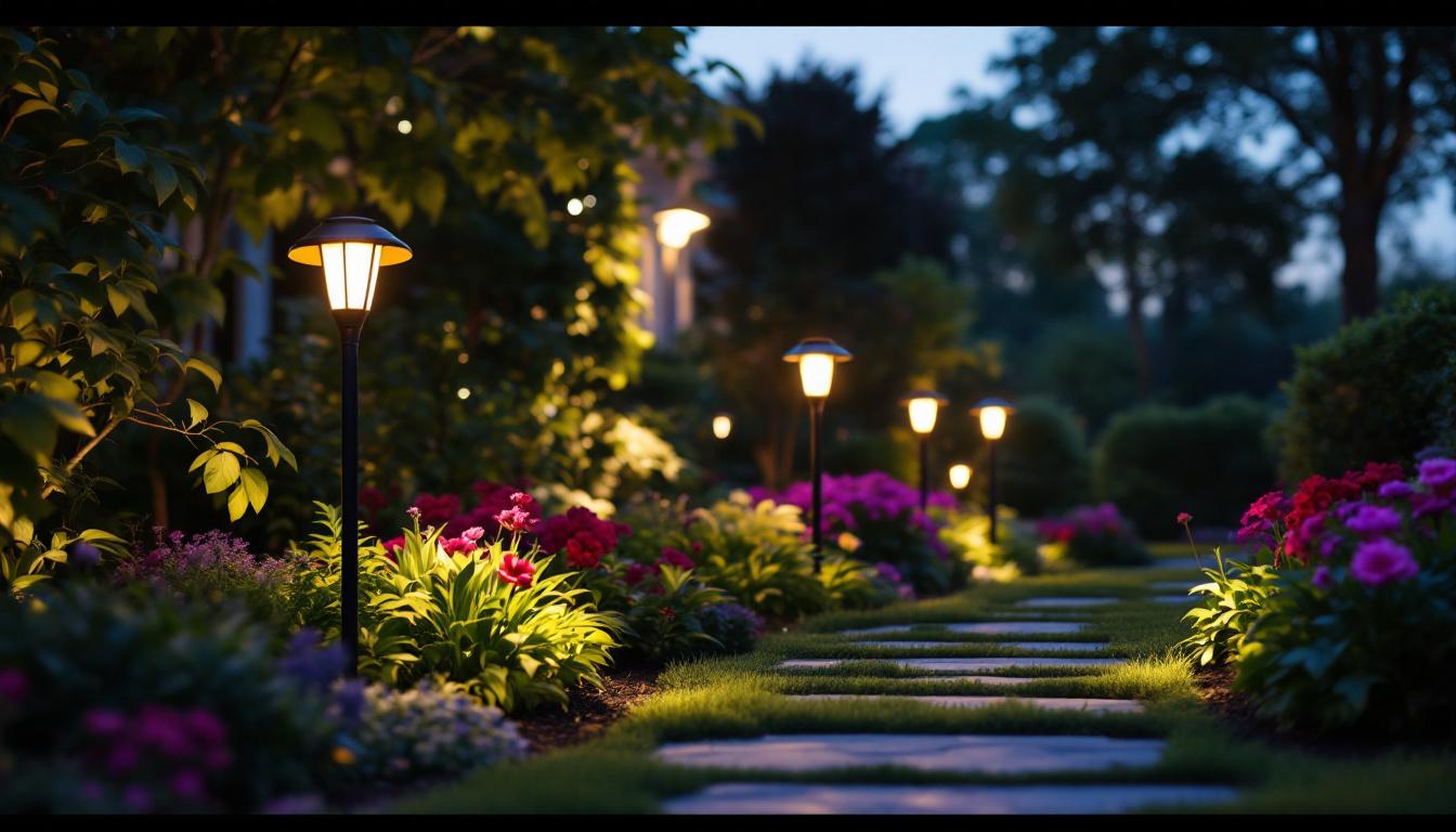 A photograph of a beautifully illuminated garden at dusk