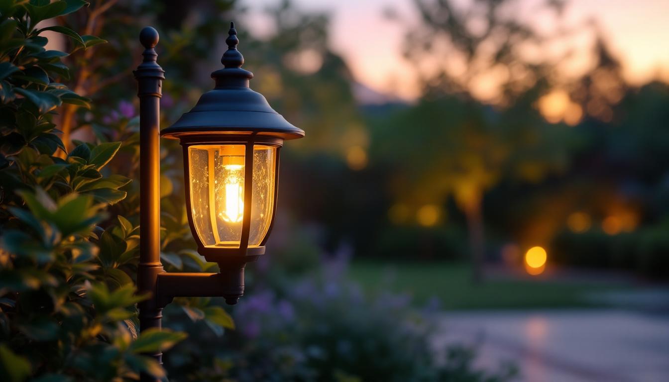 A photograph of a beautifully designed outdoor light fixture illuminated in a serene garden setting during twilight