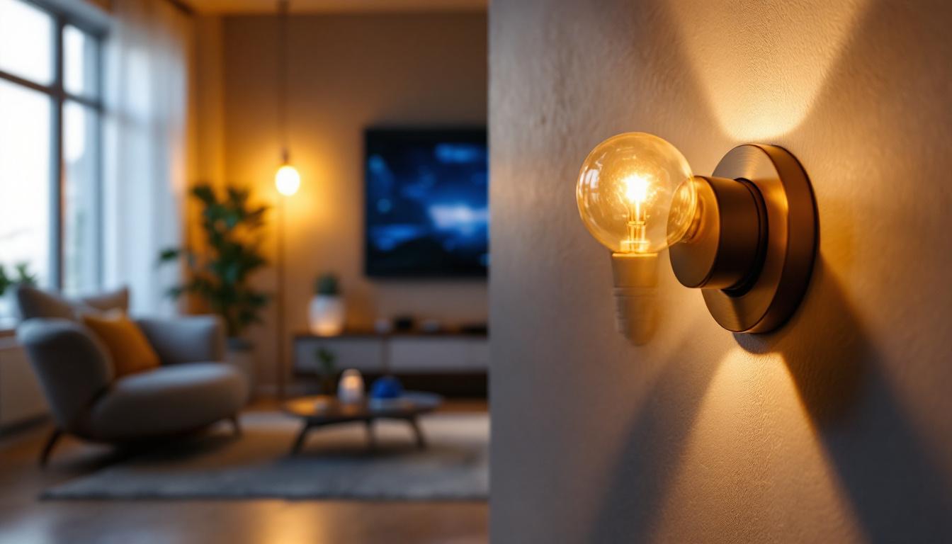 A photograph of a modern living space featuring stylish led bulbs in a dimmer switch setup