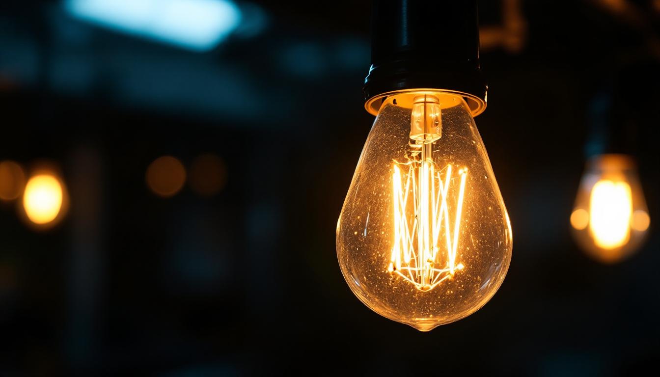 A photograph of a close-up shot of an incandescent halogen bulb illuminating a dimly lit space