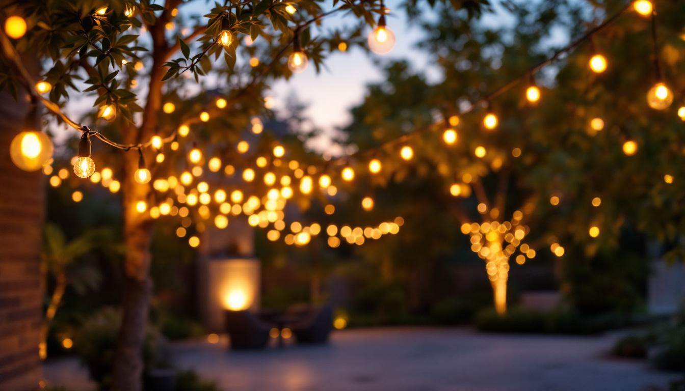A photograph of a beautifully illuminated outdoor scene featuring led light strings draped over trees or patio areas