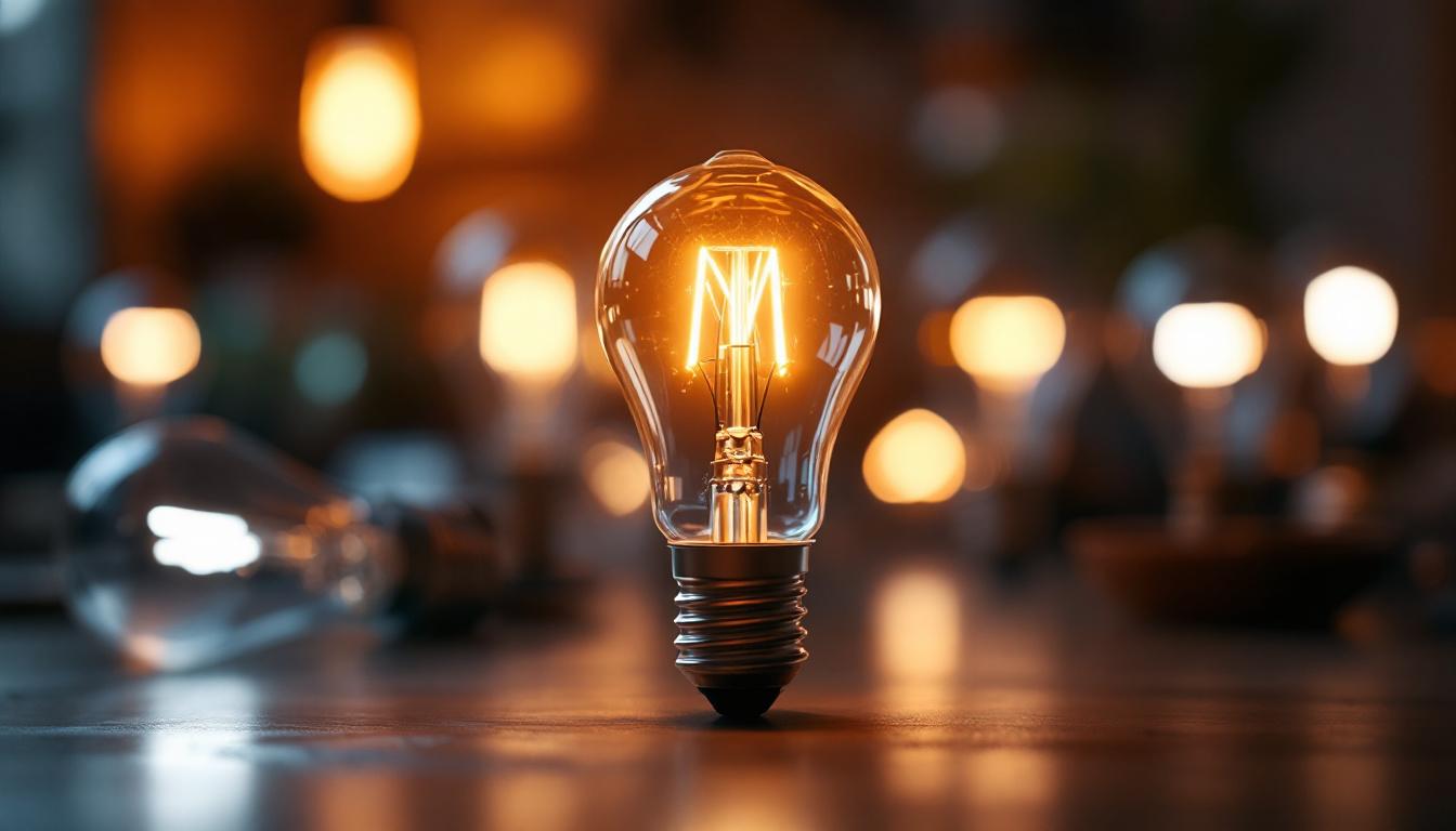A photograph of a type t halogen bulb illuminated in a warm