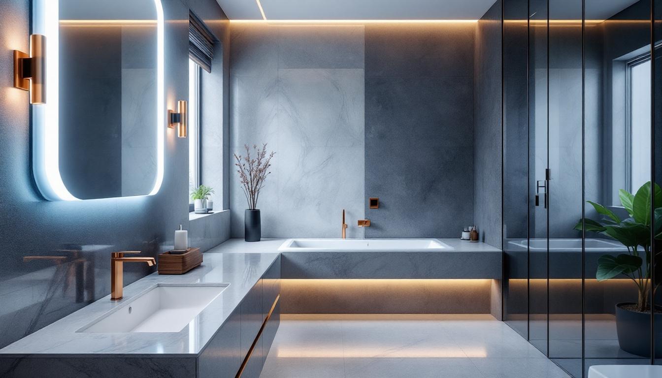 A photograph of a modern bathroom featuring stylish led lighting fixtures that highlight the space's design