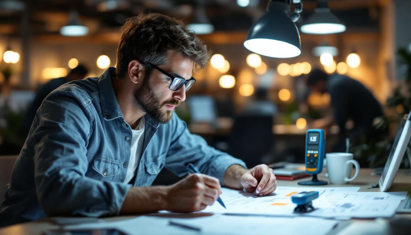 A photograph of a well-lit workspace featuring an electrical engineer examining lighting designs