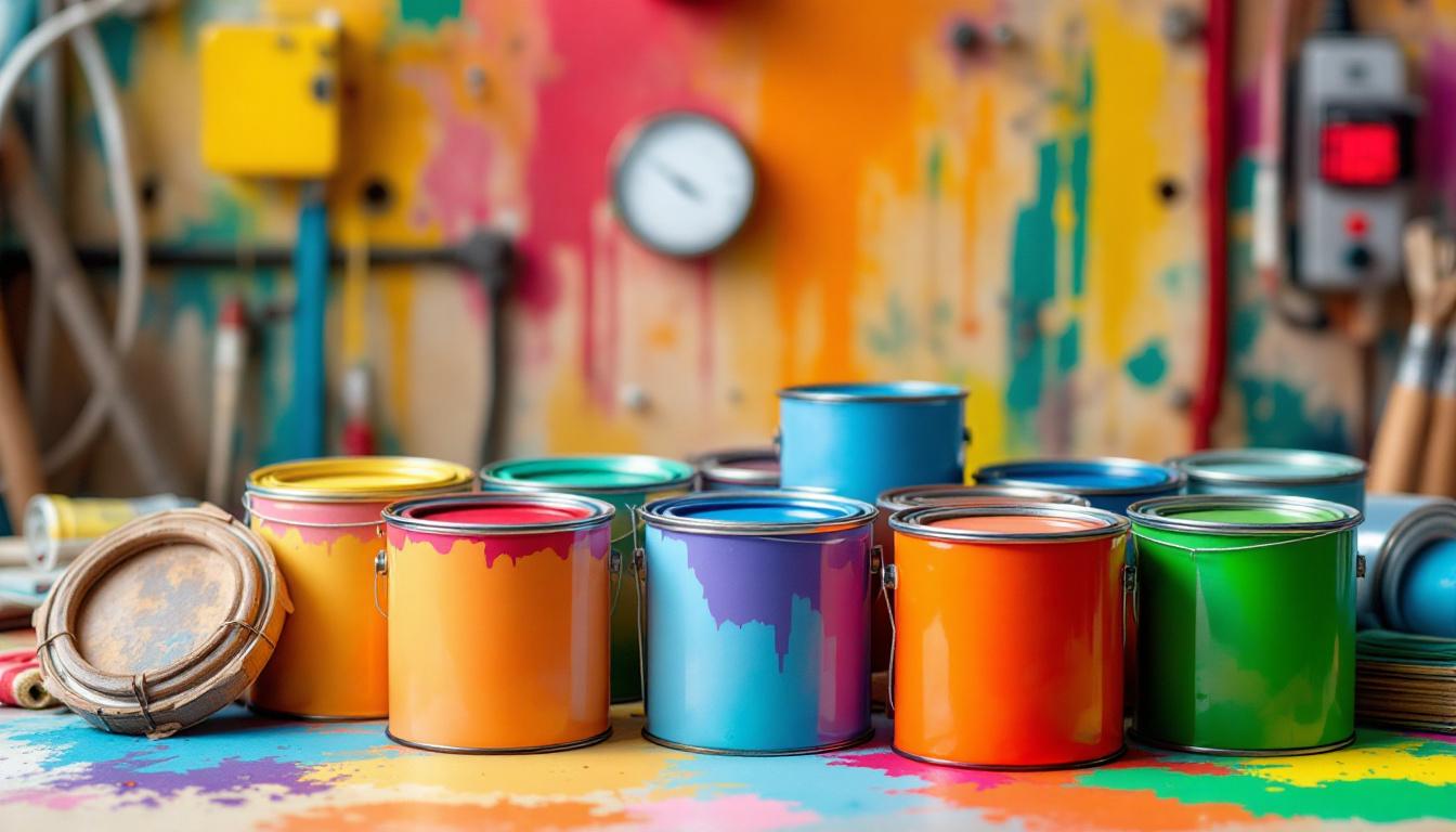 A photograph of a vibrant color palette of paint cans arranged in a visually appealing manner