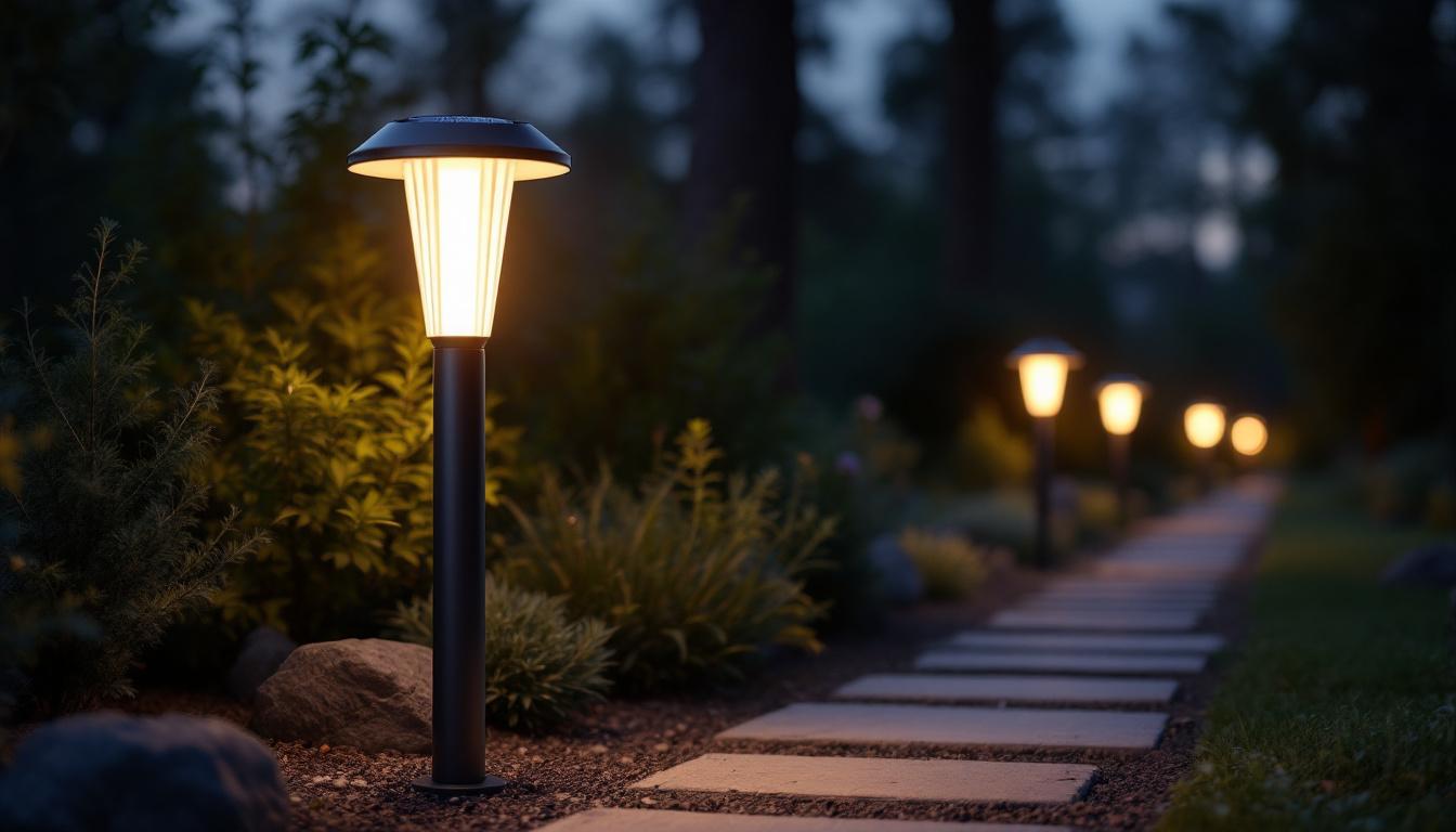 A photograph of a stylish outdoor solar lamp post illuminated at dusk