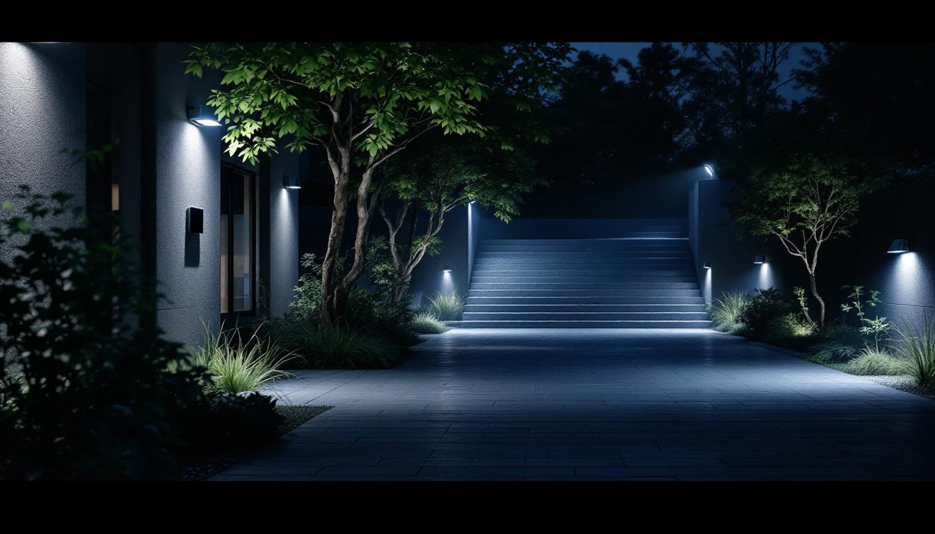 A photograph of a well-lit outdoor space showcasing various types of sensor lighting installations