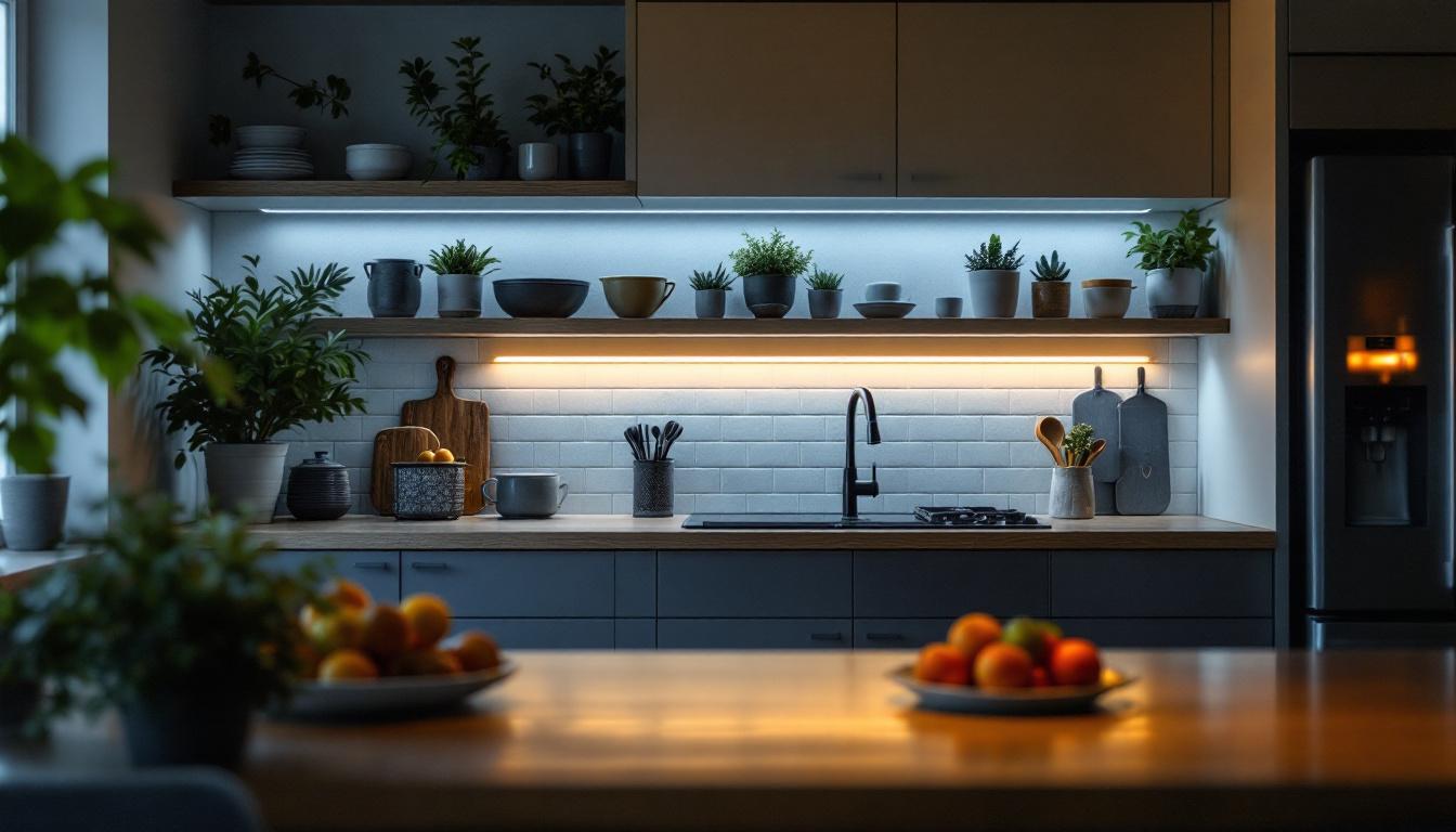 A photograph of a well-lit kitchen or workspace featuring under-shelf led lighting