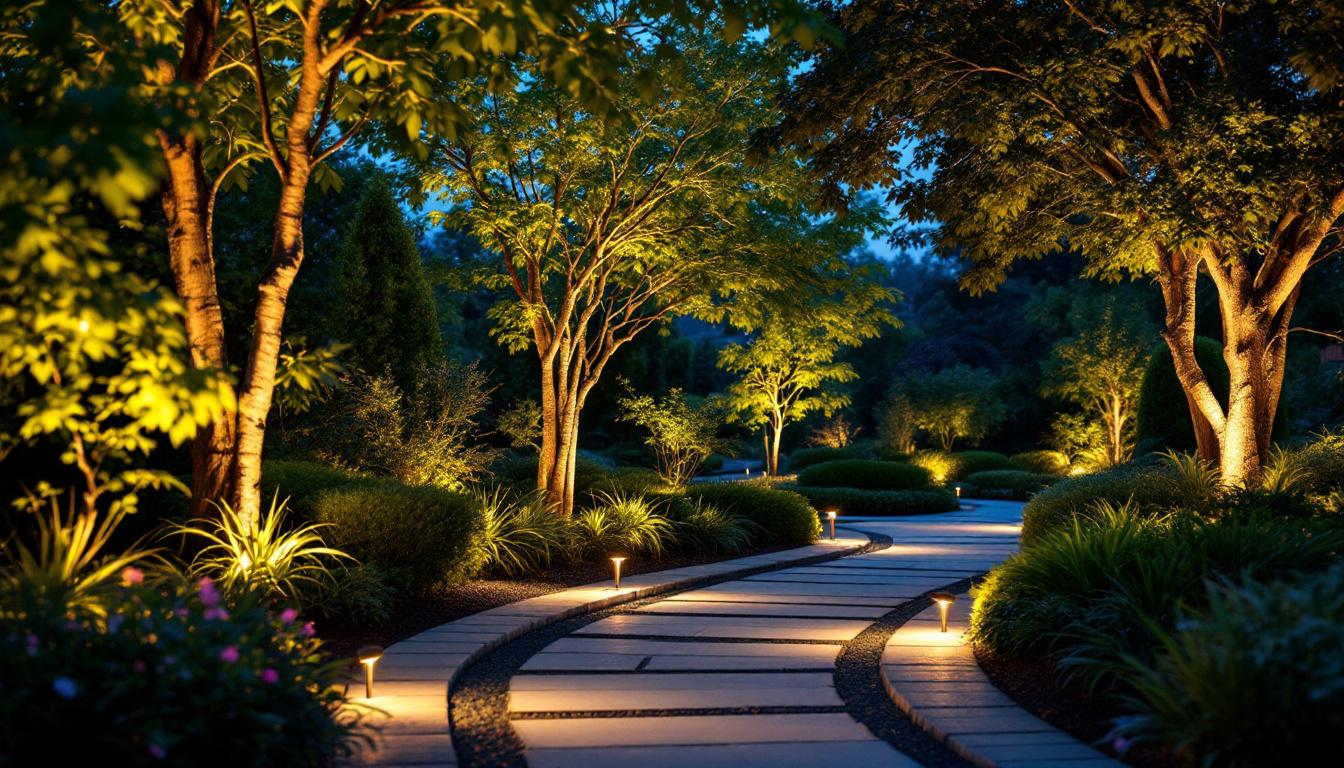 A photograph of a beautifully illuminated outdoor landscape featuring led landscape lights highlighting trees