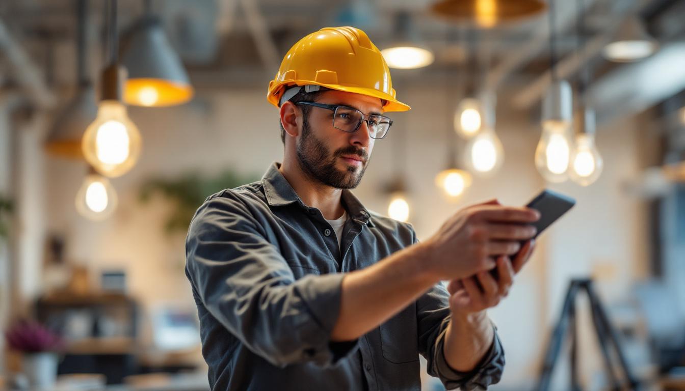 A photograph of a skilled electrical engineer examining innovative lighting fixtures and value-engineered products in a well-lit