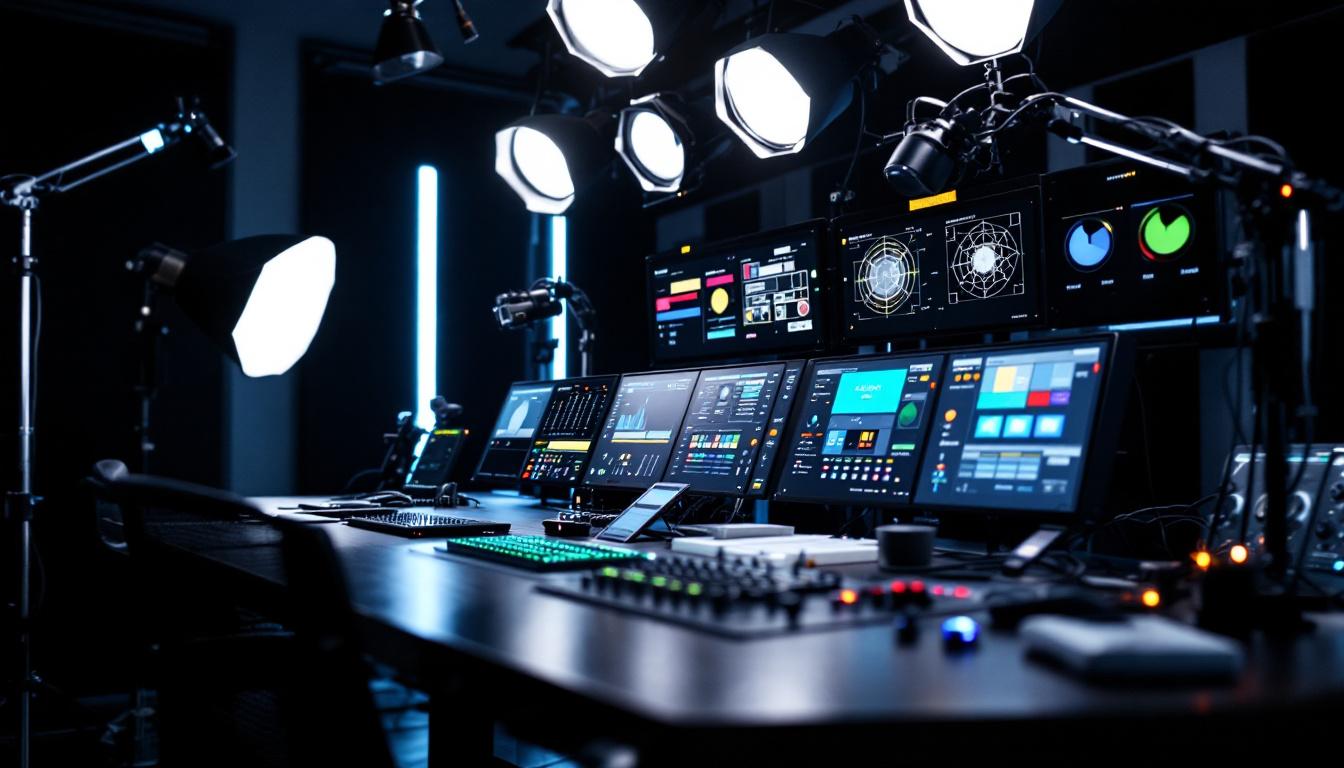 A photograph of a sophisticated lighting control panel in a modern studio
