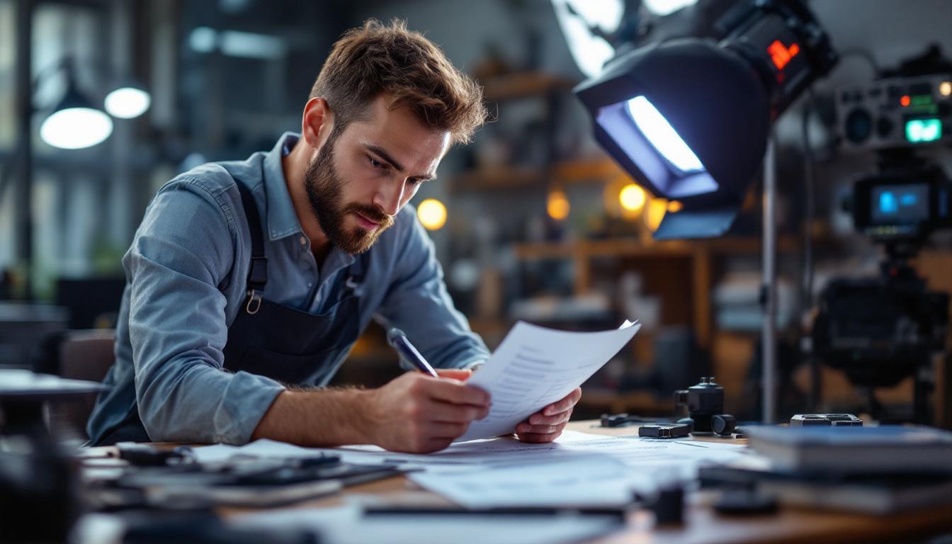 A photograph of a focused lighting engineer meticulously reviewing a detailed checklist in a well-lit workspace