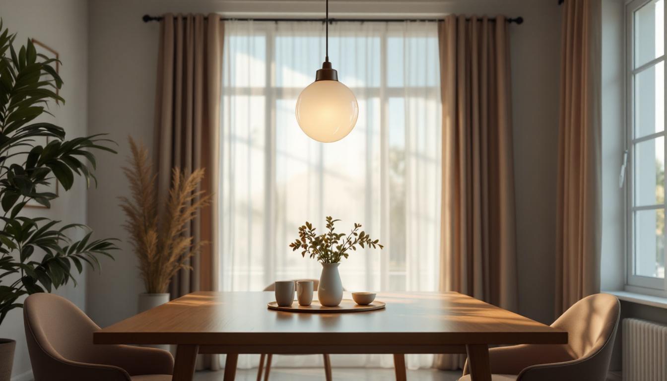 A photograph of a beautifully designed dining room featuring a stylish hanging light fixture