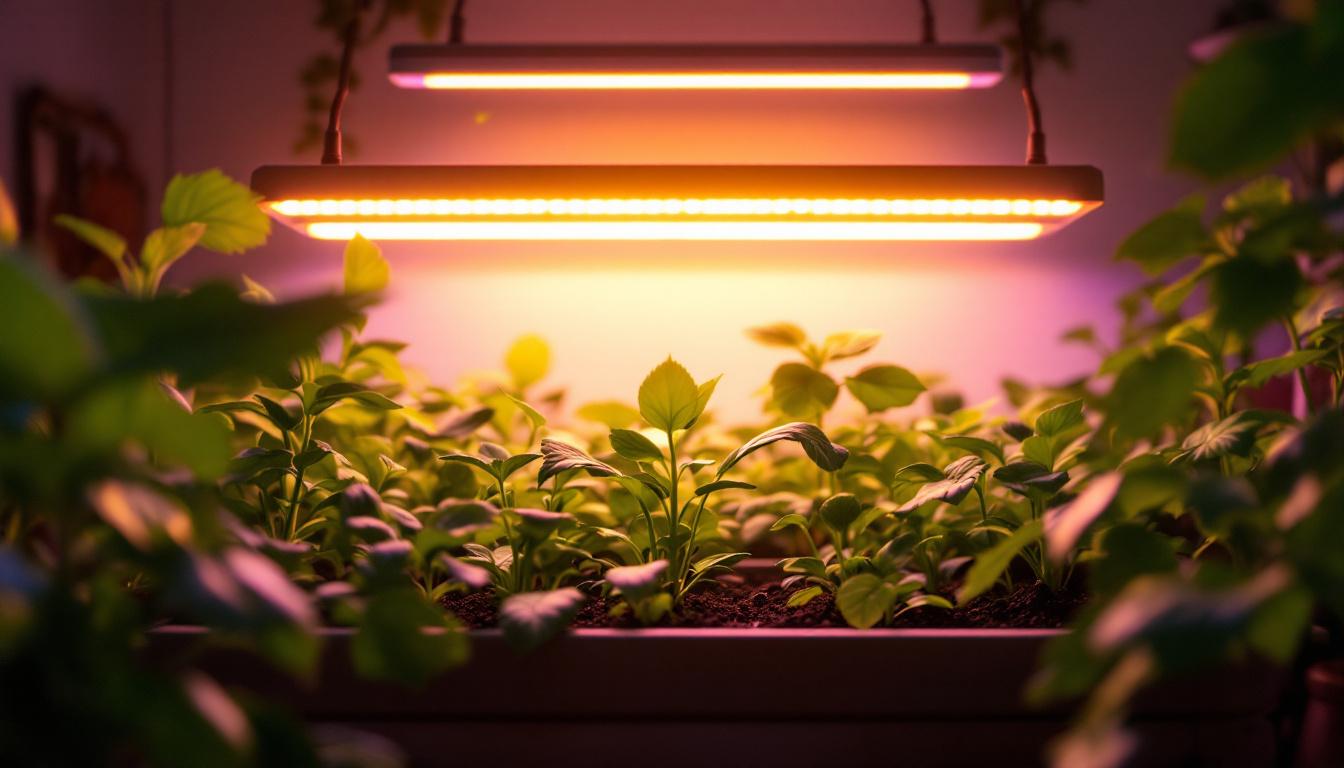 A photograph of a vibrant indoor garden illuminated by grow tube lights