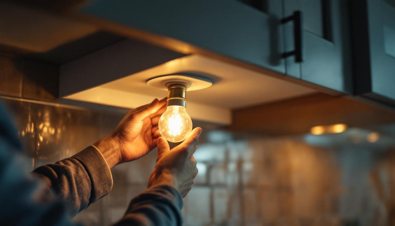 A photograph of a close-up shot of a person replacing a bulb under a stylish kitchen cabinet
