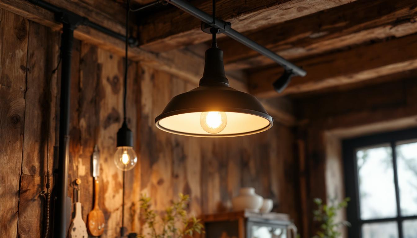 A photograph of a stylish flush mount barn light installed in a rustic setting